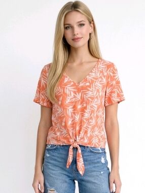 Nine Britton Orange Leaf Patterned V-neck Flutter Sleeve Front Tie Blouse Sz M
